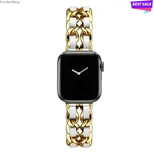 2026 Trendy Gold Metal & Leather Apple Watch Band for Women – Adjustable Slim Strap Compatible with 38–49mm Series & Ultra, Elegant Luxury Replacement Wristband for Daily Wear, Office & Gift