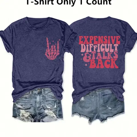 Women's Skeleton & Letter Round Neck Graphic Tee, Vintage Trendy Casual Short Sleeve T-shirt for Daily Wear, Ladies Summer Outfit