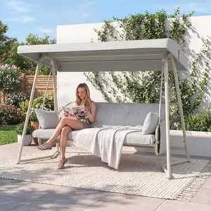 4 to 5 Person Outdoor Patio Swing with Canopy 2-in-1 Swing Bed Adjustable Backrest 800 lbs Capacity Porch Swing with Stand Removable Cushions Pillows for Backyard Garden Poolside