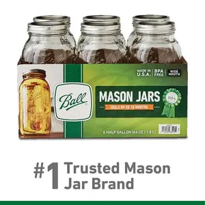 Ball Glass Mason Jar W/Lid & Band, Wide Mouth, 64 Ounces, 6 Count