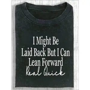 Unisex Motivational Graphic Tee - Bold Cursive "I Might Be Leisurely But I Can Lean Forward Really Fast" Print on Light Wood Grain Crewneck, Fashionable Casual T-Shirt for Everyday Wear