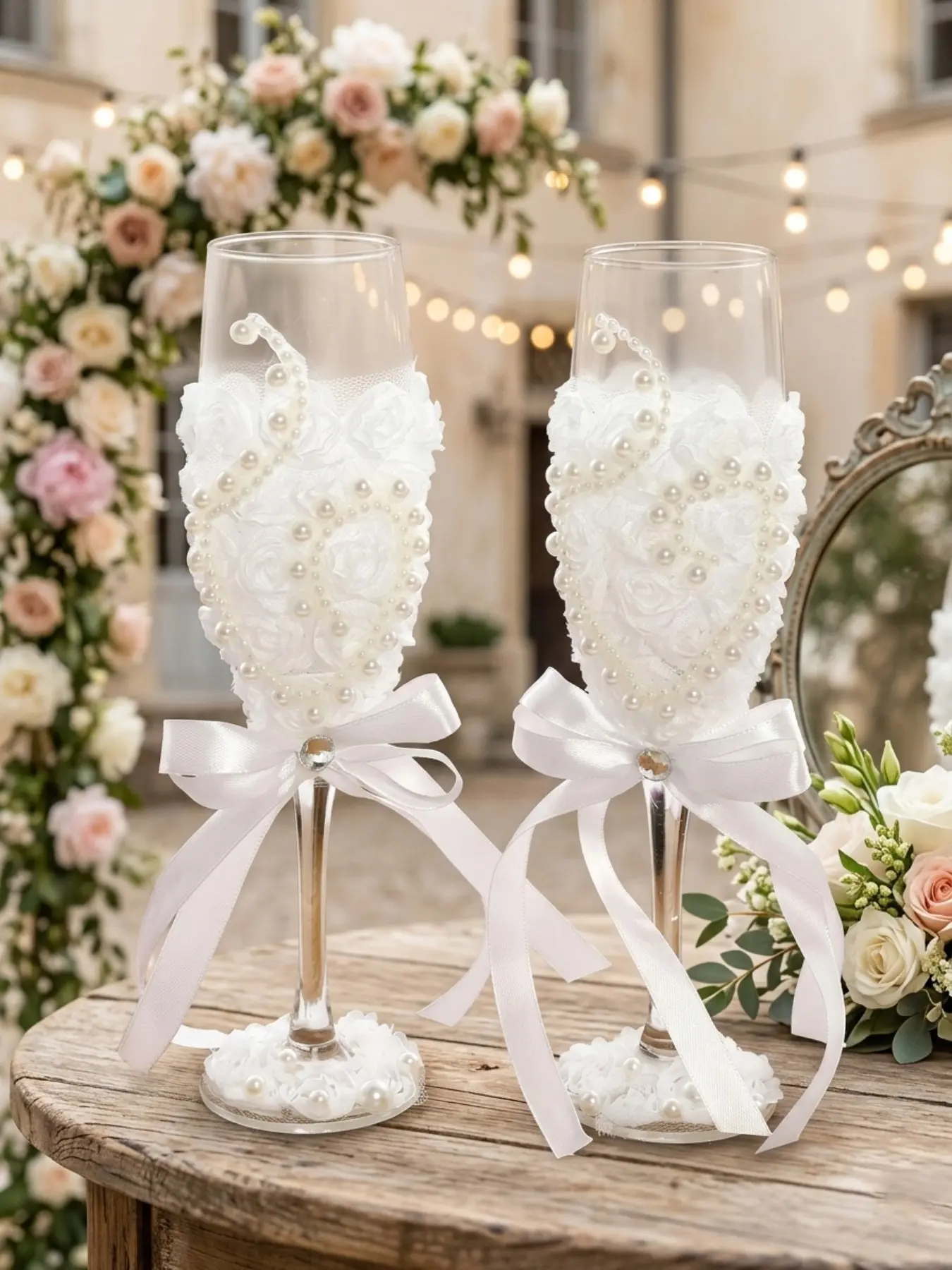 2 Piece Set Handmade Pearl Love Romantic Wedding Champagne Glass White Lace Bride and Groom Wish Wine Glass White Ribbon Bow Decoration Goblet Wedding Engagement Anniversary Couple Gift Bar Club Photo Props Glass Drinking Glasses Sets
