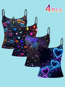 4 Piece Set Cool Starry Heart Strapless Tank Tops, Neon Light Effect Printed Slim Fit Vest, Comfortable Breathable Casual Wear