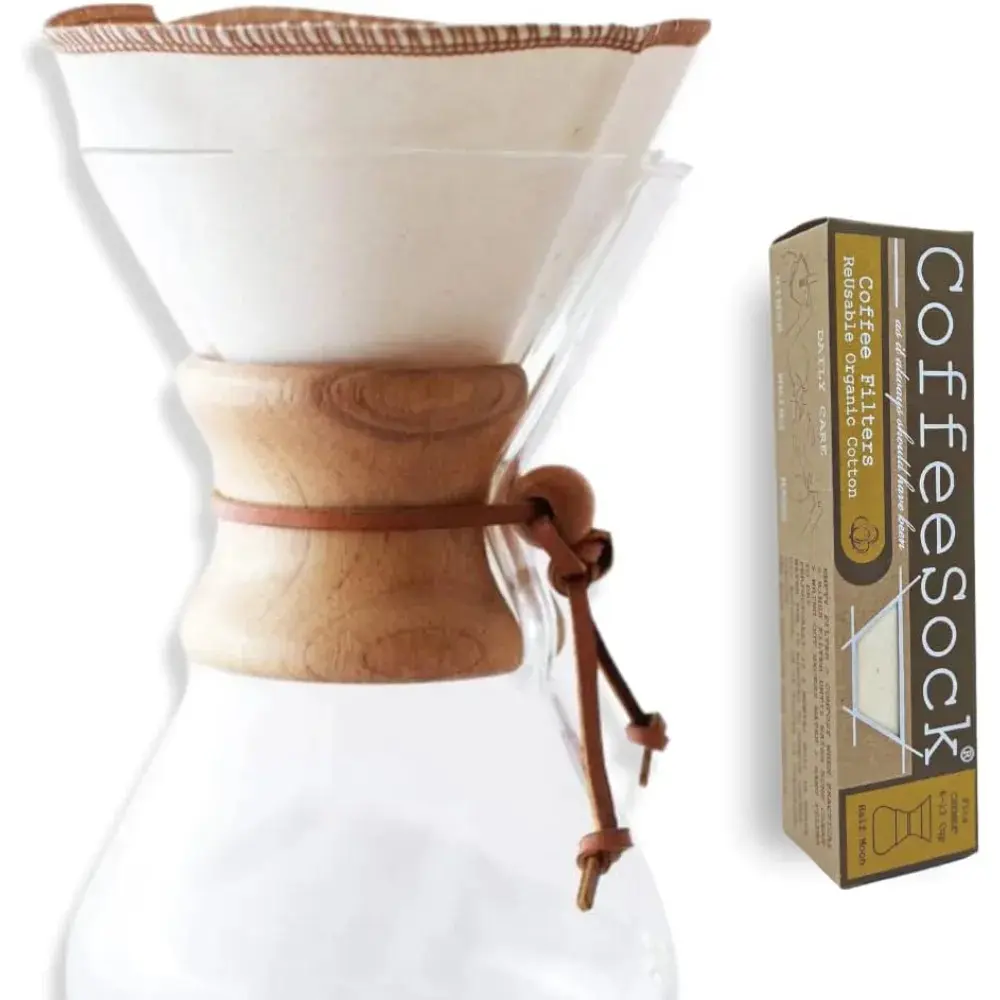 CoffeeSock ’The Original’ Reusable 100% Organic Cotton Coffee Filters - 2 pack - Fits Chemex® Filters 6-13 cup Half Moon | Coffee Sock Cloth Coffee Filter | Organic Cotton Alternative