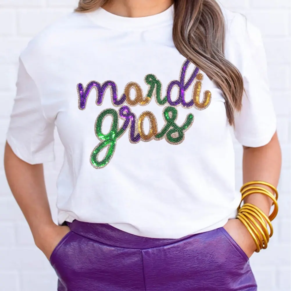 Women's White Sequin mardi gras Graphic Comfortable Basic T Shirt
