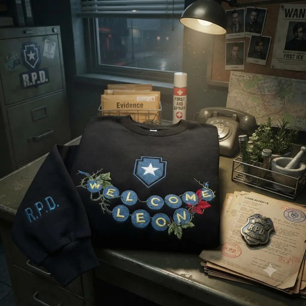 Resident Evil Welcome Leon Embroidered Sweatshirt, R.P.D. Raccoon Police Department Pullover, Video Game Apparel, Gamer Gift, Horror Shirt