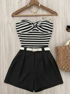 Striped Knit Bandeau Top & Black Shorts Two Piece Set – Strapless Tube Top with High Waist Shorts for Women, Preppy Beachy Aesthetic, Casual Vacation Outfit, Soft Stretchy Fabric, Trendy Summer Matching Set for Beach Lovers & Style Enthusiasts