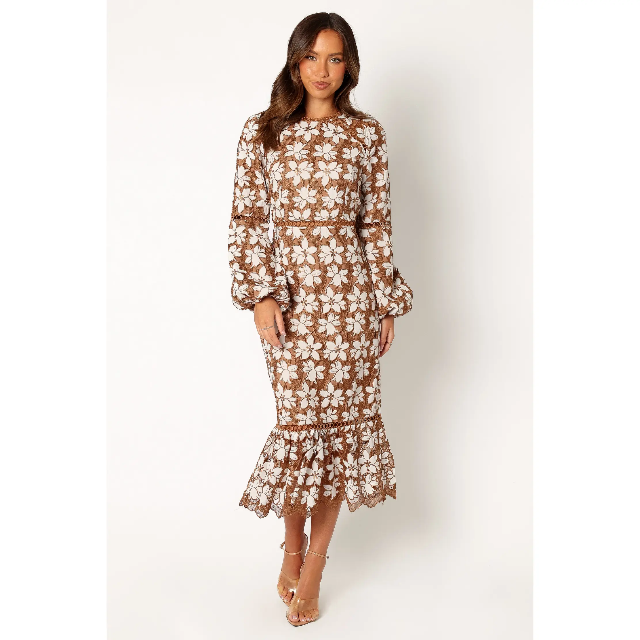green emerald velvet dress Edwina Shirred Frill Long Sleeve Midi Dress