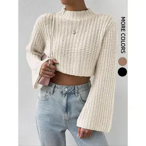 Women’s Cropped Knit Sweater | Bell Sleeve Loose Fit Pullover | Soft Stretchy Warm Long Sleeve Top | Casual Fall Winter Essential