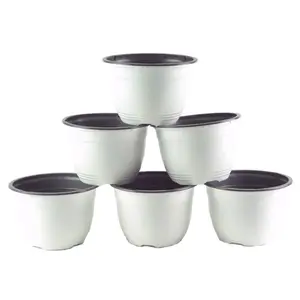 212 MAIN 6 in. Round Top Plastic Garden Pot with Drainage, Weatherproof, Stackable, Stackable Storage Bins Compatible, Minimalist Home Decor, White & Gray - Indoor/Outdoor Use, Pack of 6
