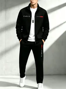 Men’s two-piece set featuring a 3D digital print zip jacket with a stand collar and letter print; everyday versatile gradient red stripe casual sports set; men’s complete casual outfit for daily commuting in spring and autumn.