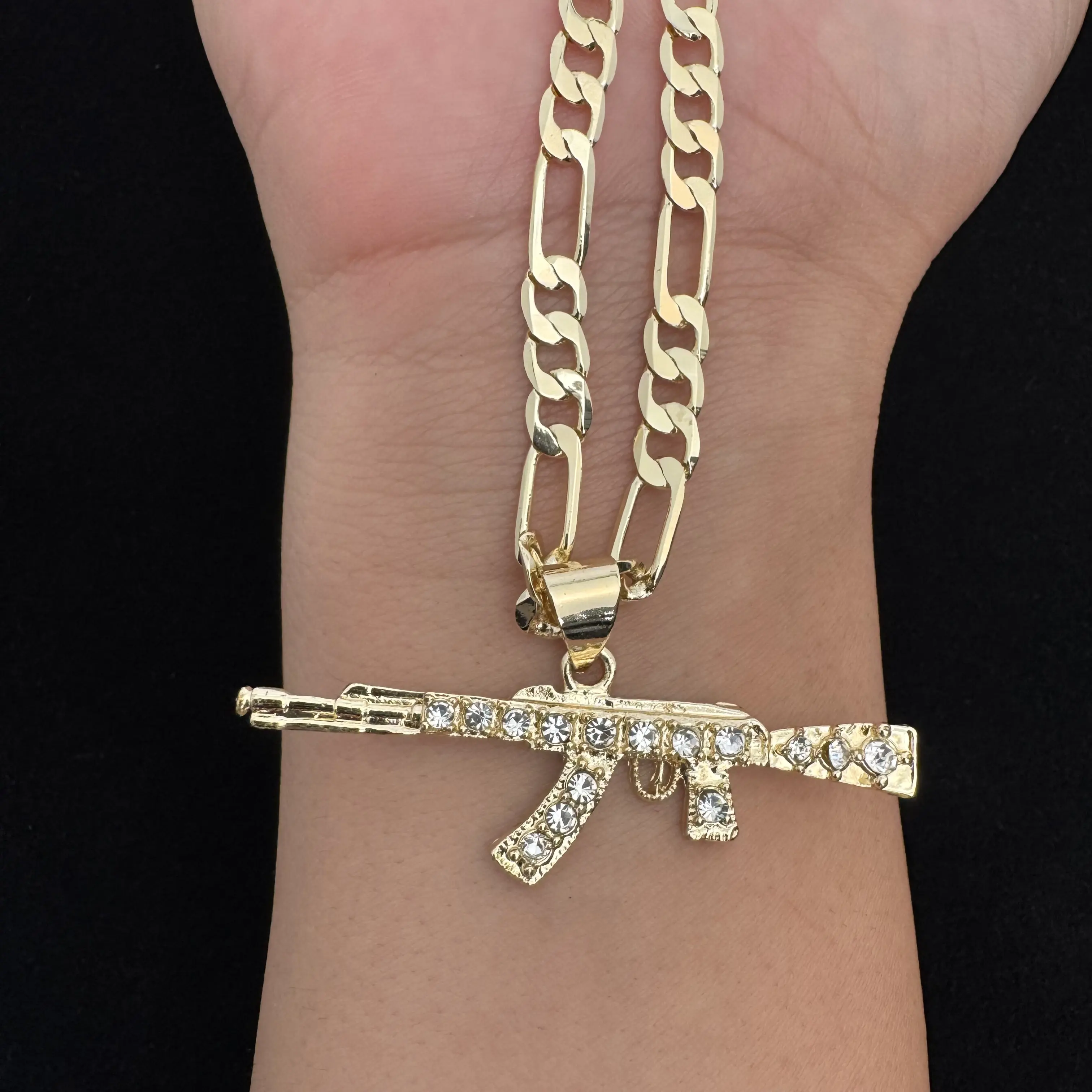 AK-47 Gun Necklace, 14k Gold Plated Necklace Cuerno de Chivo Joyeria Chapada En Oro 14k Cuban Link Chain