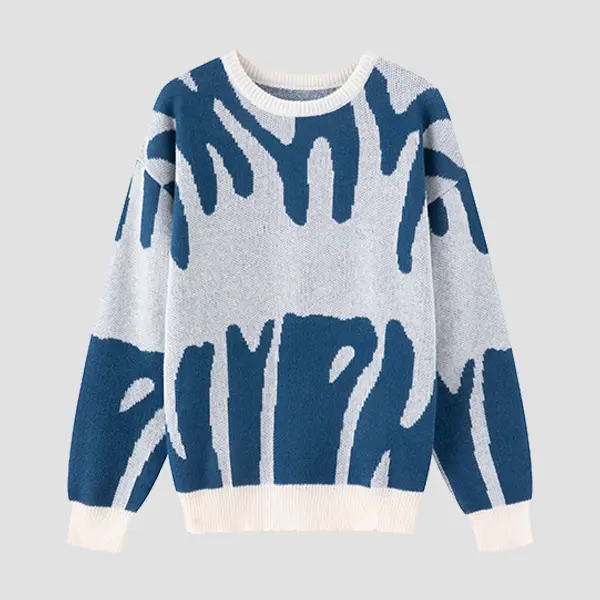 Men's Casual Knit Sweater - Stylish Geometric Pattern Abstract Design Long Sleeve Crew Neck Pullover Polyester Machine Washable Everyday Wear Menswear Chinos Knitwear Tops Crewneck Jeans White With Dark Blue sweater