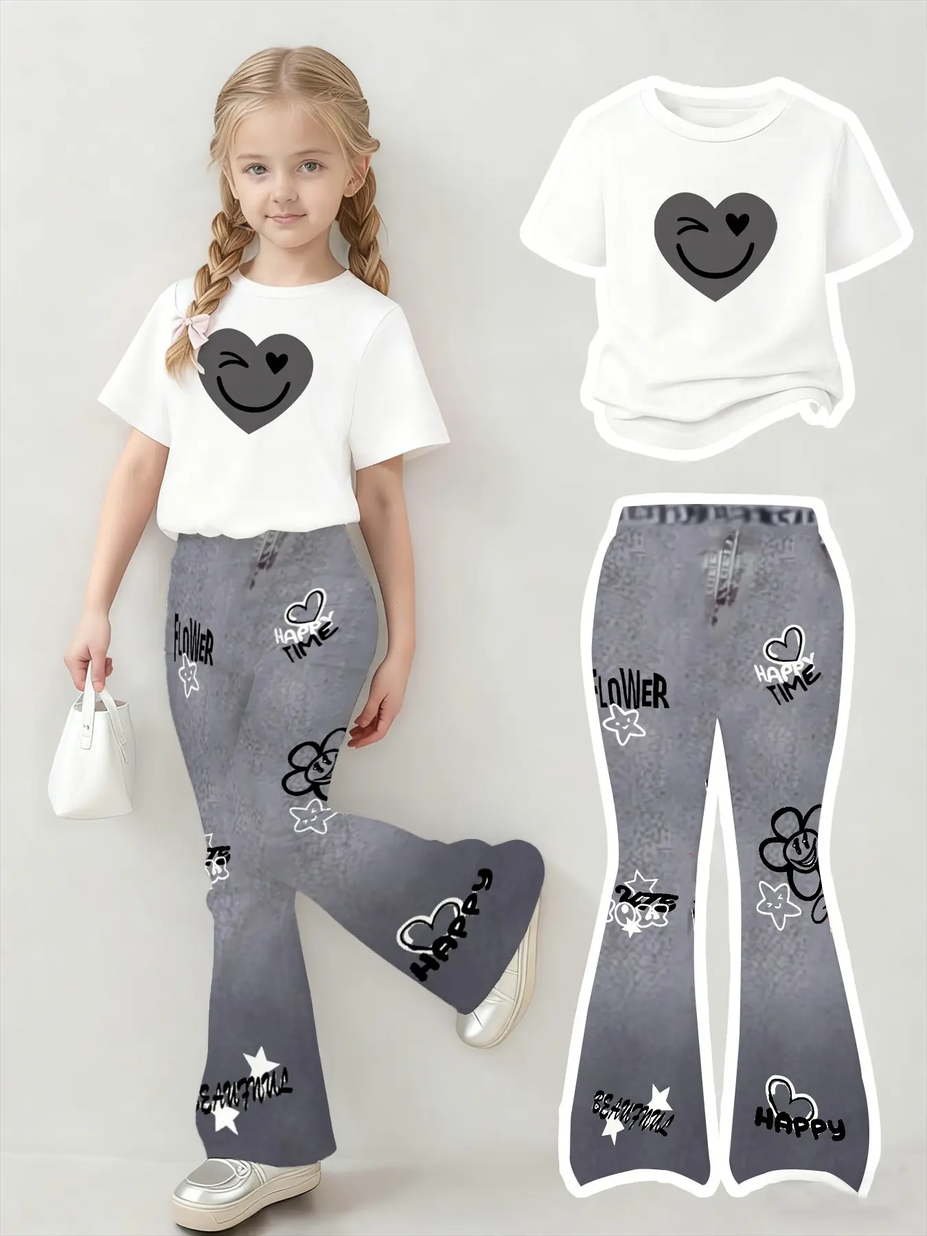 Women's Casual Comfort Short Sleeve T-Shirt and Bell Bottoms Set, Clothes, 3D Denim Print, Fake Pocket Design, All Seasons Wear, Outfit, Top