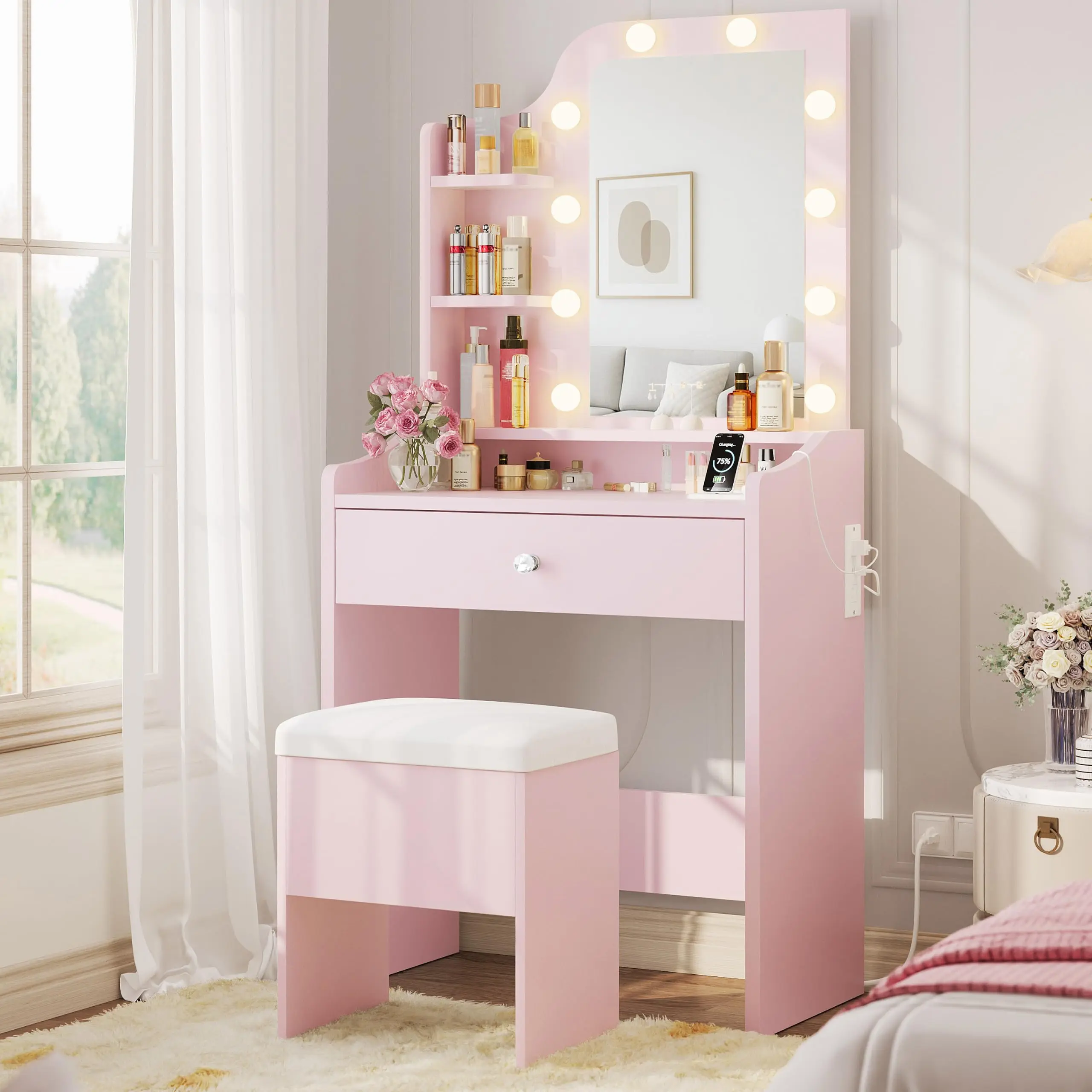 Small Vanity Desk with Mirror Lights and Storage Stool, Pink Stylish Furniture with 3 Light Modes, Charging Station, Drawer Organizer, 3 Shelves and Upholstered Stool for Bedroom, Makeup Room, Apartment and Small Spaces