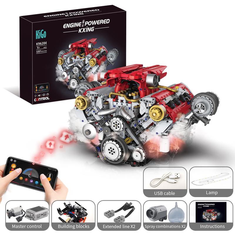 【3160 PCS】Ferrari-Style Motorized V8 Engine Model Building Kit, with APP Control & LED Lights