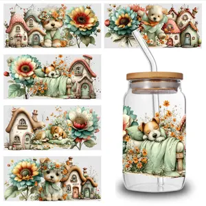 5 Sheets Teddy House UV DTF Stickers UV DTF cup packaging transfer sticker, 16oz carafe decoration, suitable for any smooth object surface, craft decoration, glass decoration, campus decoration, small gifts for friends, small gifts for family.