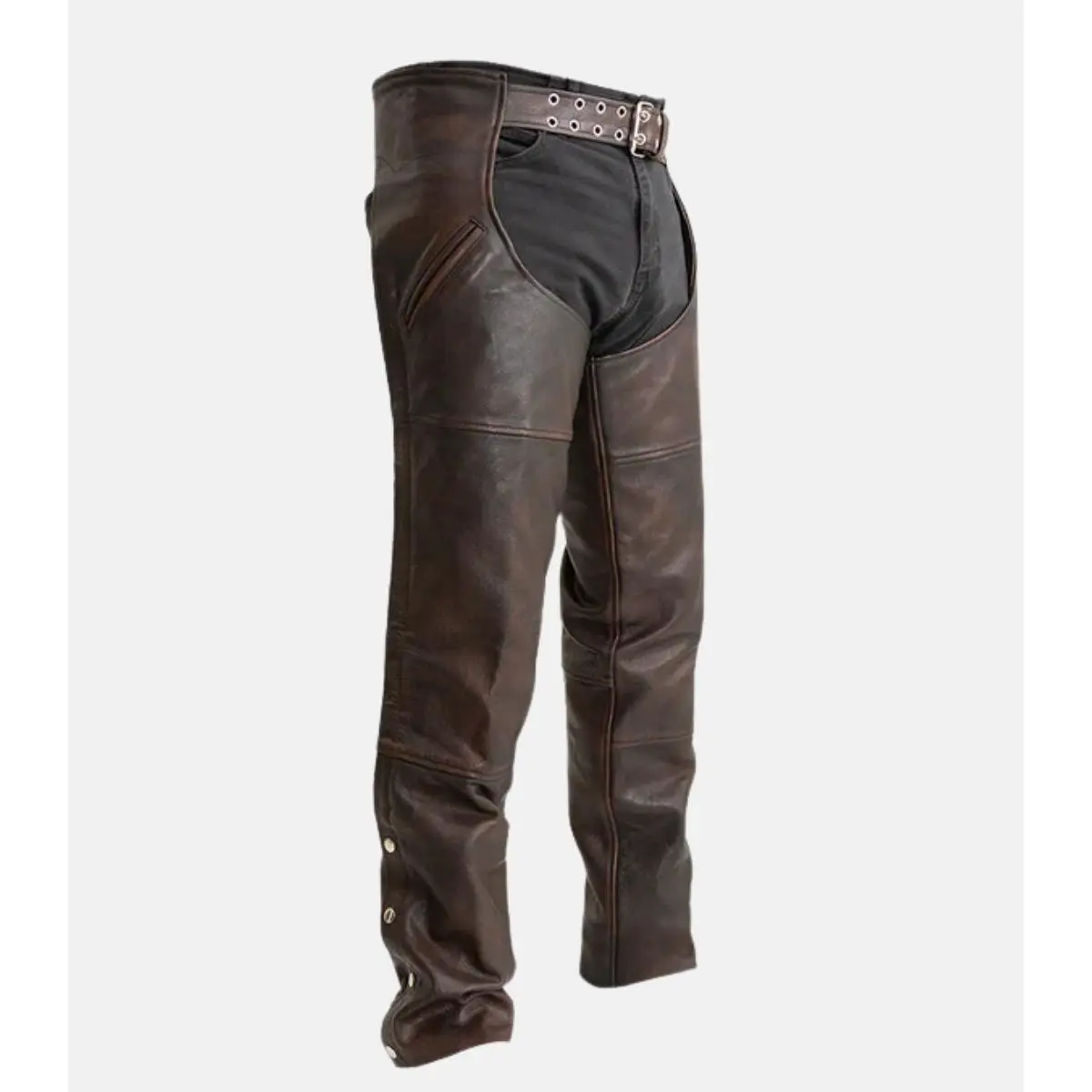 Unisex Brown Biker Leather Chaps with Adjustable Back Lacing