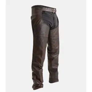 Unisex Brown Biker Leather Chaps with Adjustable Back Lacing
