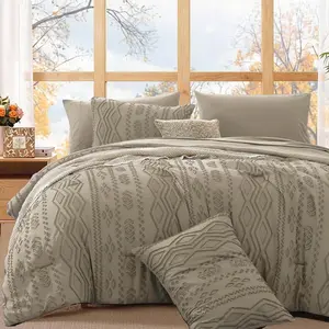 Full Size Comforter Set with Sheets - 7 count Khaki Tufted Bed in a Bag Full Shabby Chic Bedding Sets with 1 Comforter, 2 Sheets, 2 Pillowcases & 2 Shams
