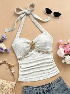 1 Piece Women's Crinkled Textured Halter Top Sleeveless, Tie Neck Adjustable, Bust Gathered Design, Starfish & Shell Bead Embellishments, High Stretch Fabric, Daily Casual Vacation Beach Date Wear, Summer Boho Romantic Coastal Style