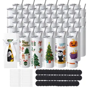 fathersdaygift  VEVOR 50 Pack Sublimation Tumblers 20oz Skinny Straight, Stainless Steel Sublimation Tumblers Blank, Stainless Steel Double Wall Tumbler for Heat Transfer Customized Gifts with Lid and Straw, Gift Box