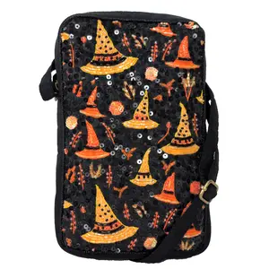 BTC Bewitching Charms XL Sequin Witch Hat Crossbody Phone Pouch Bag, Black & Orange Beaded Halloween Accessory for Women