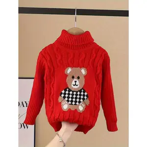 1pc Kids Cartoon Bear Turtleneck Sweater - 100% Acrylic Knit Fabric, Casual High Neck, Skinny Fit, Long Sleeve, Regular Length - Boys and Girls Fall/Winter Pullover Sweater