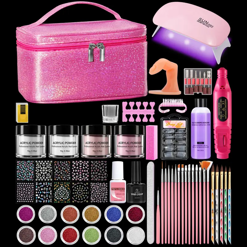 ROSIOUR Salon-Quality Pro Acrylic Extension Kit - Nail Care Manicure Supplies with UV Light, Electric Drill, 4 Powders, French Tips, Glitter, Portable Compact Design - Affordable At-Home Nail Kit for Beginners
