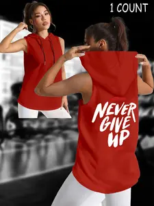Women's Sleeveless Hooded Tank Top with Letter Print, Fashionable Casual Sportswear for Summer Outdoor Activities Sleeveless Gym Tops