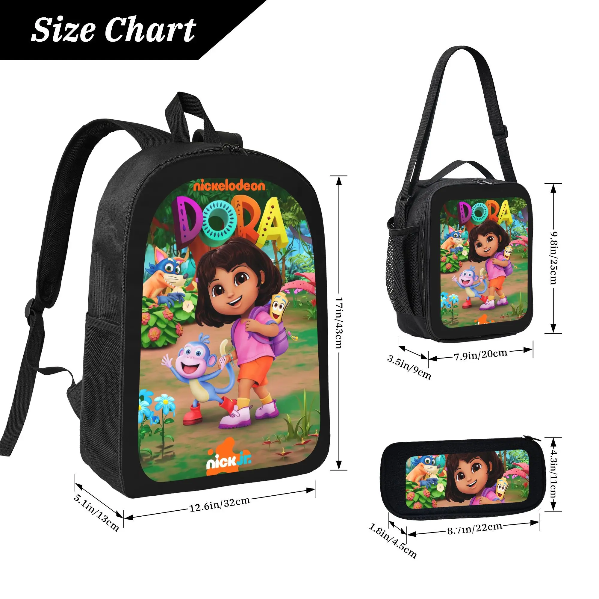 Cartoon Dora Collage Print Unisex 3-Piece Functional Set Pack - Oxford Cloth Black Backpack, Zipper Pencil Case, Lunch Bag with Fashionable Trend-Setting Design