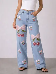 Cherry Bow Graphic Jeans Y2K Wide Leg High Waisted Denim Pants Cute Coquette Pink Ribbon Light/Dark Wash Baggy Jeans Women Soft Girl Outfit