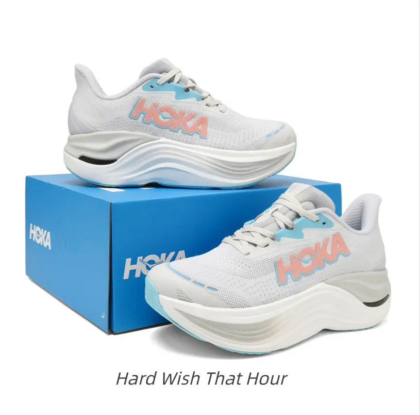 White pink blue accent cushioned running shoes, oversized curved sole delivers cloud shock absorption for jogging & all-day walking