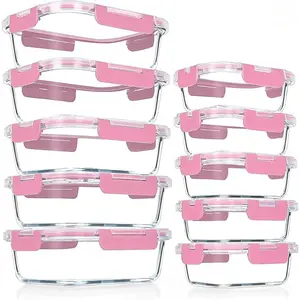 10 Pack Glass Meal Prep Containers, Airtight Glass Lunch Containers, Glass Food Storage Containers Set with Lids,BPA-Free, for Microwave, Oven, Freezer & Dishwasher Friendly, Pink