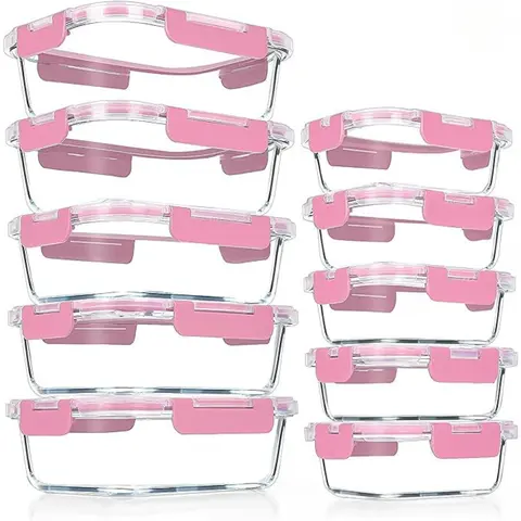 10 Pack Glass Meal Prep Containers, Airtight Glass Lunch Containers, Glass Food Storage Containers Set with Lids,BPA-Free, for Microwave, Oven, Freezer & Dishwasher Friendly, Pink
