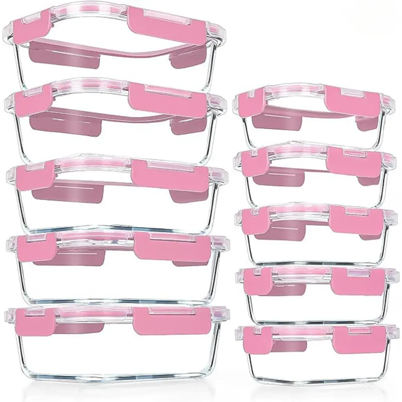 10 Pack Glass Meal Prep Containers, Airtight Glass Lunch Containers, Glass Food Storage Containers Set with Lids,BPA-Free, for Microwave, Oven, Freezer & Dishwasher Friendly, Pink