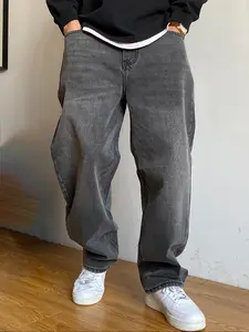 Straight Leg Denim Jeans Cotton Slant Pockets Washed Jean, Casual Versatile Streetwear Wide Leg Jeans, Couple Matching Straight Fit Loose Fit Man