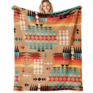 Comfortable Vintage Western, Indian Tribal Geometric Triangle Pattern, Soft Skin-Friendly Bed Blanket, Flannel Cozy Blanket, Multi-Use Office & Outdoor Travel Blanket