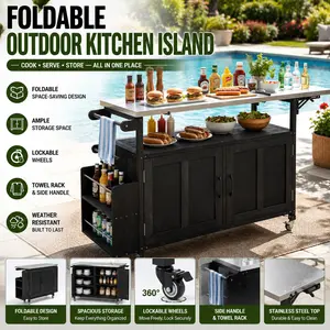 Foldable Outdoor Kitchen Island Patio Mobile Kitchen Cart Portable Outdoor Cooking Island with Lockable Wheels Storage Cabinet Towel Rack BBQ Grill Prep Station Espresso Grey Wooden Backyard Food Prep Table