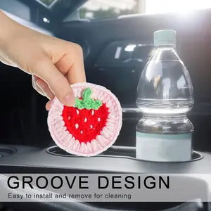 2pcs Handmade Crochet Strawberry Car Cup Mat, Cute Fabric Car Cup Holder Insert, Crochet Car Decoration, Car Interior Accessory