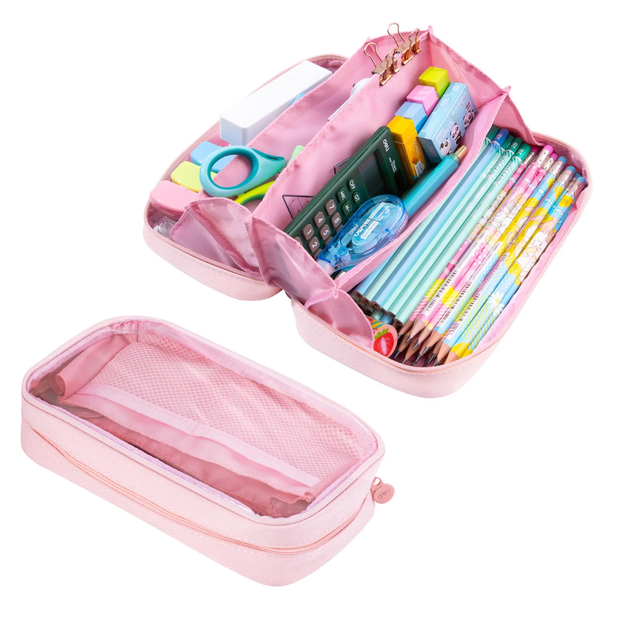Deli Pencil Case for Kids,Large Capacity Foldable Pencil Pouch with 4 Compartments, School Supplies Organizer Bag for Students, Teens and Office Use,Pink