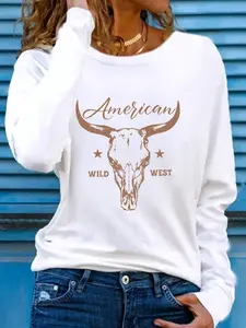 Women's Western Cow Skull & Star Print Long Sleeve Round Neck T-Shirt, With American Wild West Text,Casual Graphic Top, Comfortable Daily Wear, All Seasons, Womenswear