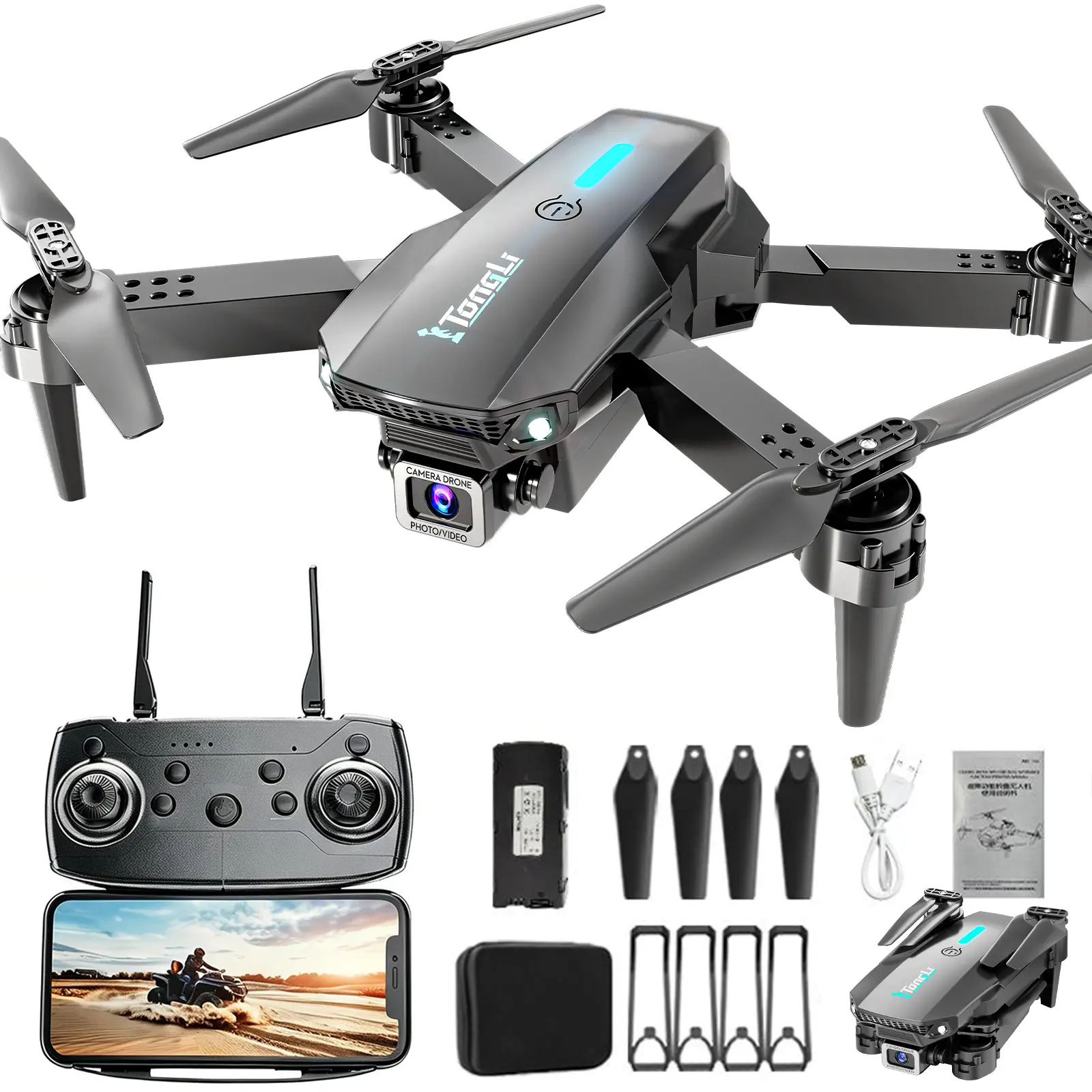 Tongli Upgraded RC Aerial Photography Drone - Dual Cameras, WiFi FPV Live View, Foldable Portable Design, 1-Key Takeoff & Landing, USB-C Charging, Stunt Rolls, Kids' Electric Remote Control Aircraft Toy with Accessories, Festival Gift for 8-10 Year Olds,