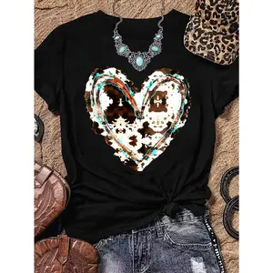 Women's Fitted Short Sleeve Round Neck Cotton T-Shirt - Western Valentine's Heart & Leopard Graphic Print, Machine Washable Vintage Cute Tops for Women, Regular Fit Cowboy Casual Nontransparent Spring Summer Tee