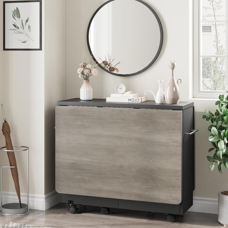 【 table only 】 FoldingTable, Drop Leaf Dining Table with 6 Wheels and 2-Layer Storage Shelf, Space Saving Table for Small Spaces (Dark Walnut, 50.1" D x 31.4" W x 29.5" H)