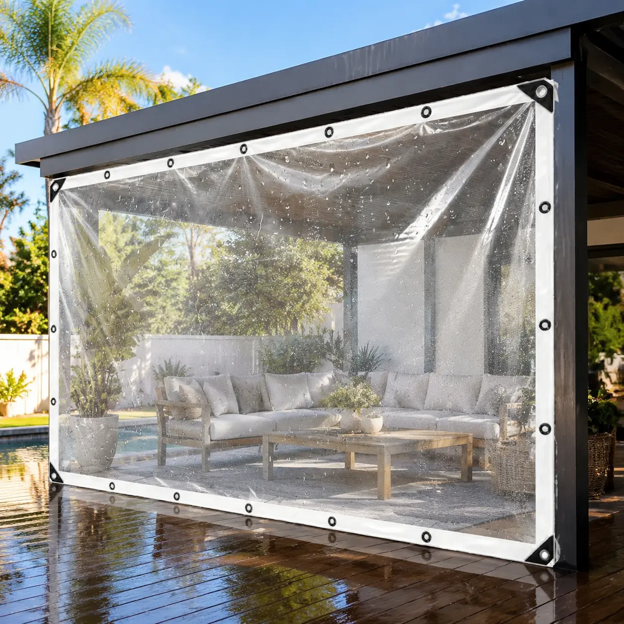 Transparent rainproof fabric, a multi-functional covering material that is waterproof and dustproof  nd fixation holes, it is suitable for use on patios, campers and storage areas, providing practical waterproof fabric. reinforce rivet