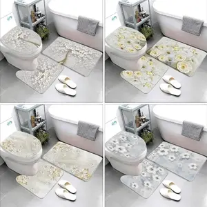 Geometric pattern bathroom mat with vines, leaves, and butterflies; European luxury flannel non-slip rug toilet seat cover Bathroom Floor Mat