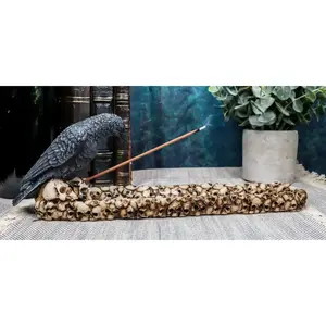Macabre Raven Crow Perching On Heap Of Skull Incense Burner or Holder