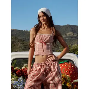Cider Gingham Square Neck Ruched Corset Tank Top