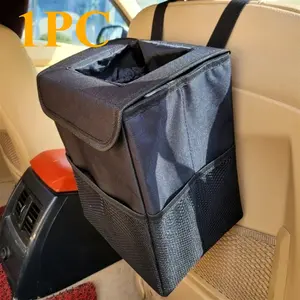 Car Trash Can with Lid Storage Pockets Portable Durable Auto Garbage Bin Universal Vehicle Waste Container